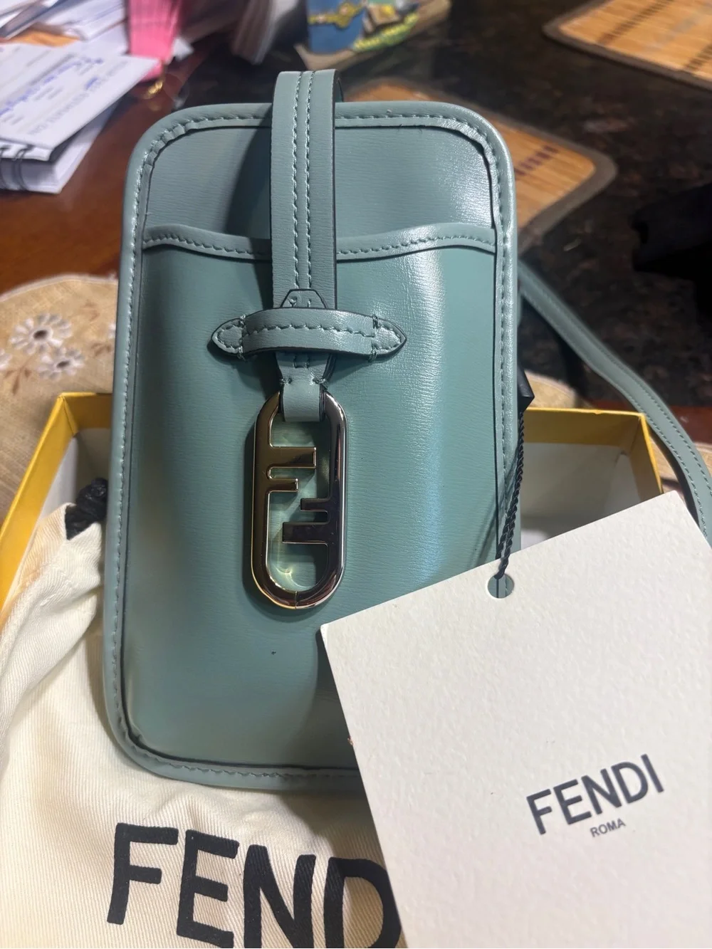 Fendi O’Lock Leather Phone Pouch Crossbody Mint Green Box Dust Bag